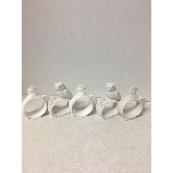 Vintage Set Of 5  Chickens And Owl Ceramic Napkin Rings 1970’s Country Decor - Picture 1 of 7